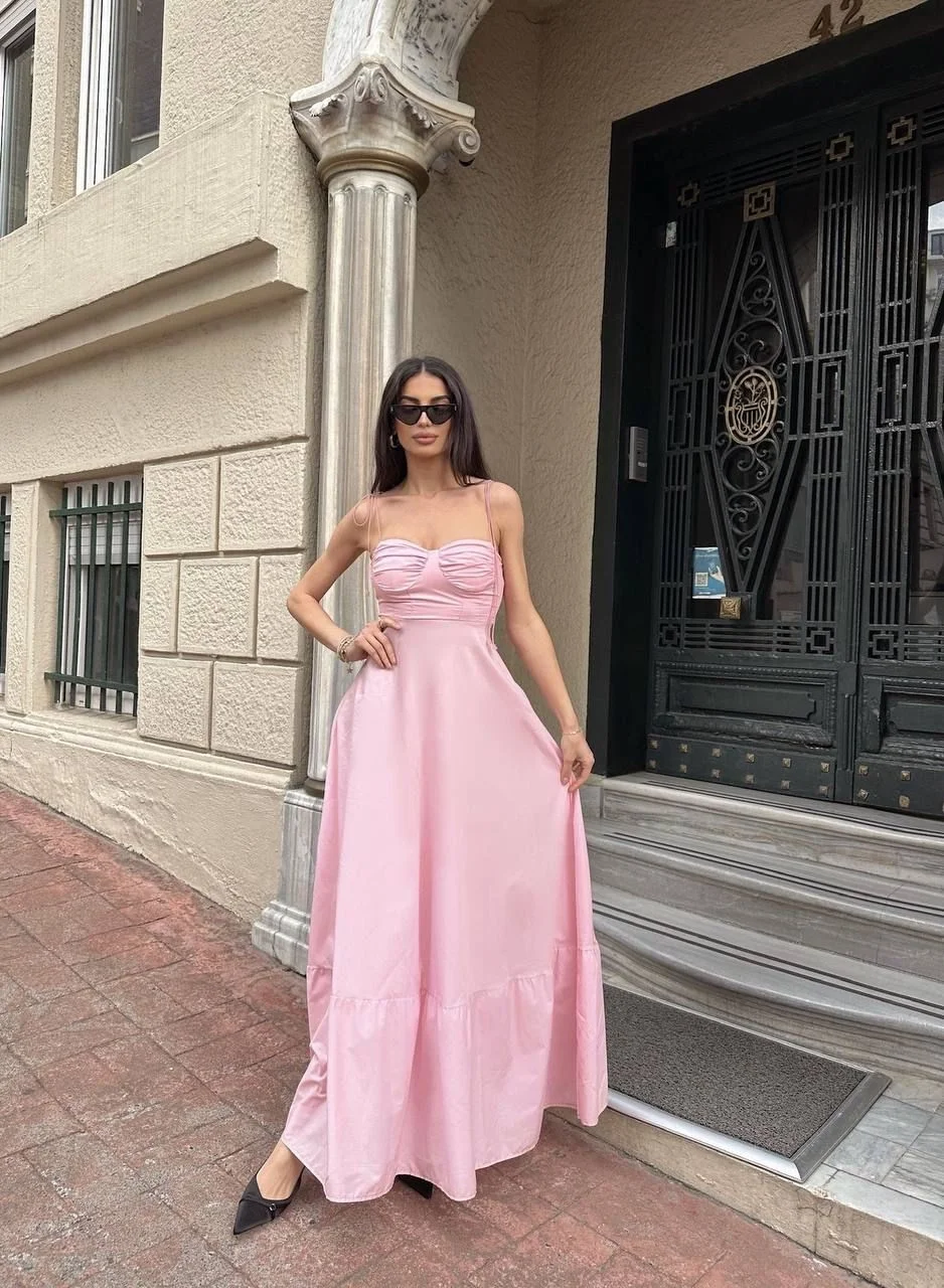 PEMBE FIRFIR DETAYLI ASKILI MAXİ ELBİSE