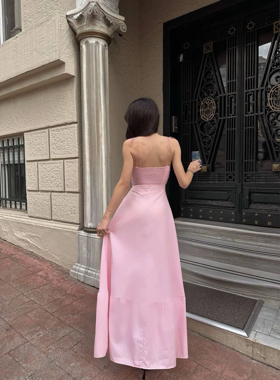 PEMBE FIRFIR DETAYLI ASKILI MAXİ ELBİSE