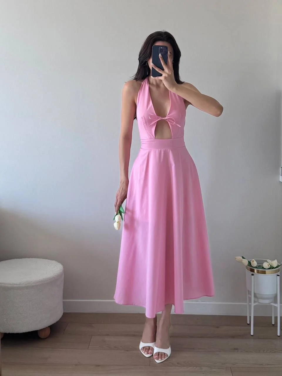 Pembe Ön Bağlamalı Astarlı Midi Elbise