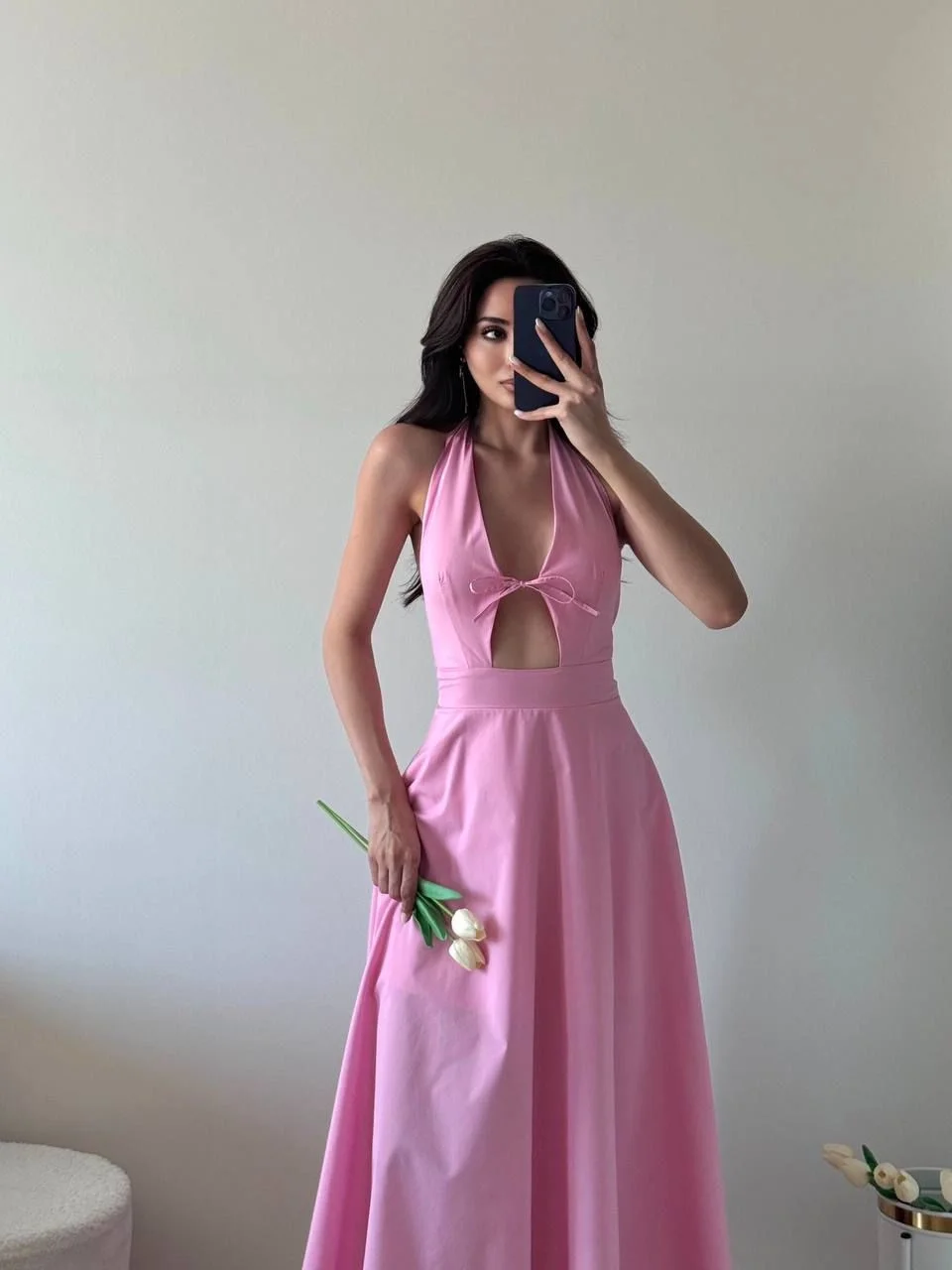 Pembe Ön Bağlamalı Astarlı Midi Elbise