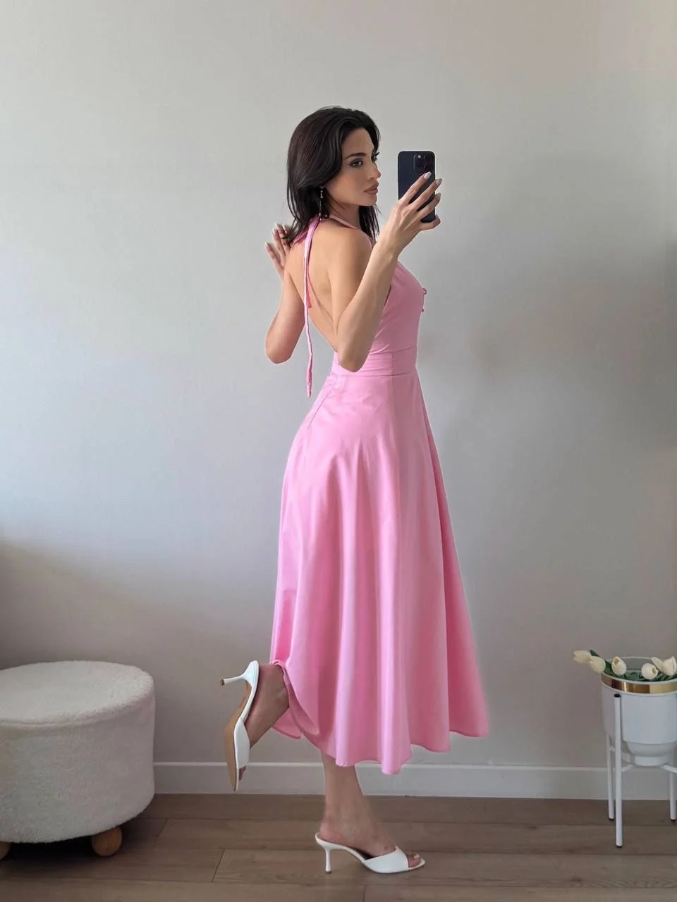 Pembe Ön Bağlamalı Astarlı Midi Elbise