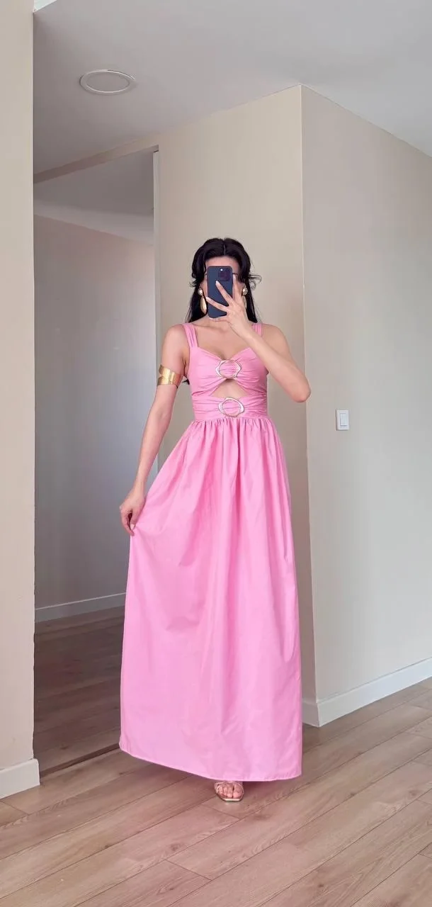 Pembe Tokalı Midi Elbise