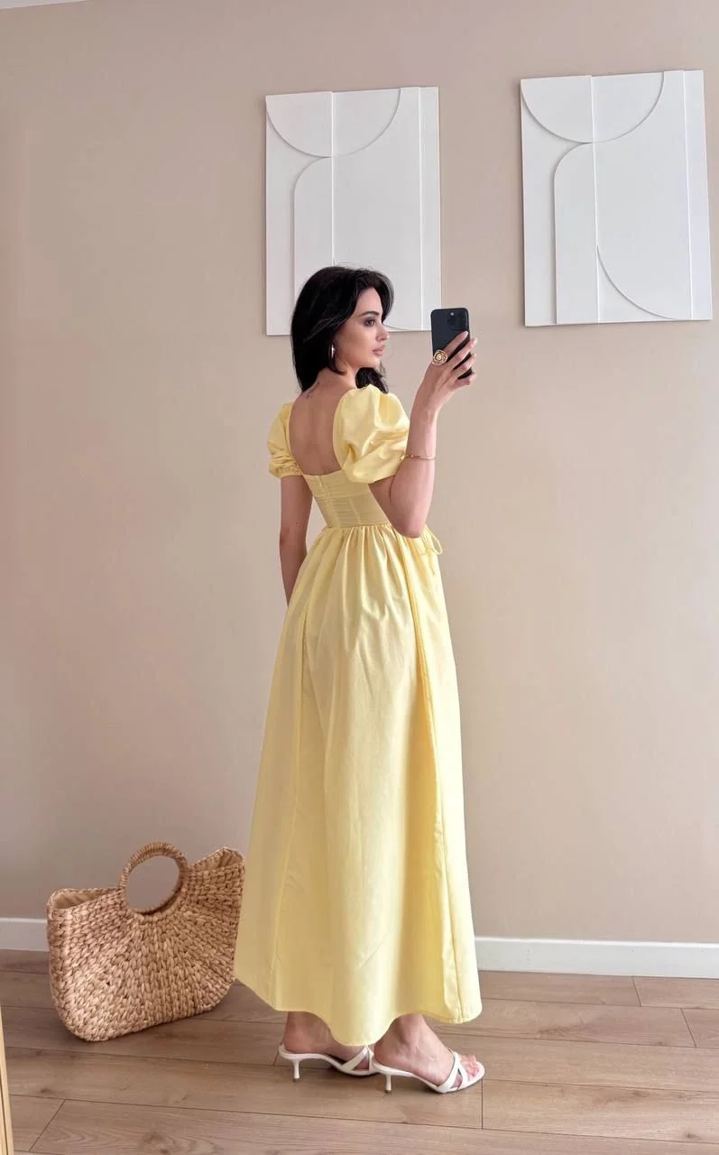 Sarı Bel Kuş Gözü Detaylı U Yaka Korseli Midi Elbise