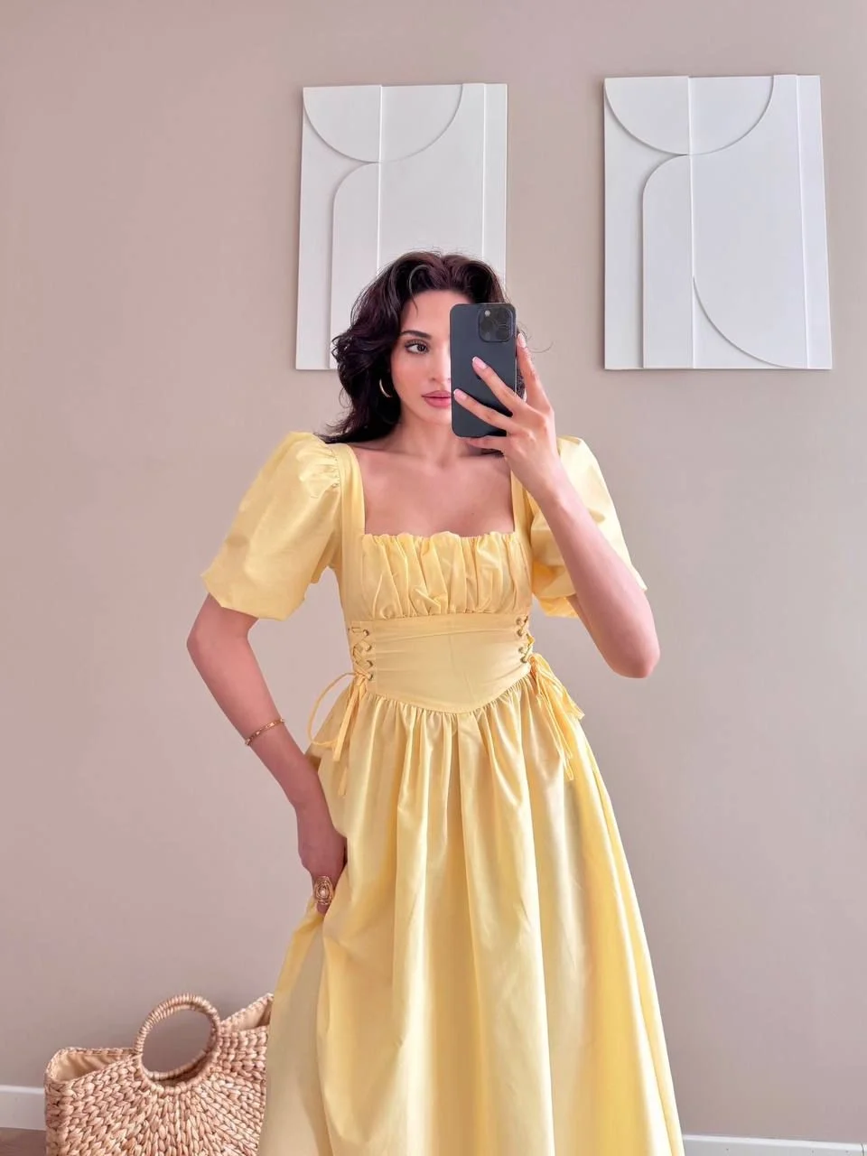 Sarı Bel Kuş Gözü Detaylı U Yaka Korseli Midi Elbise