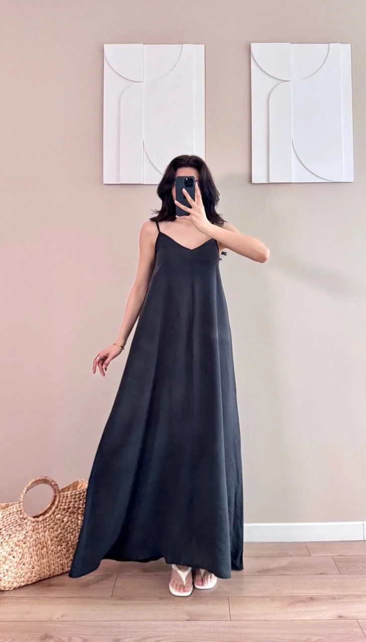 Siyah Askılı Modal Kumaş Maxi Elbise