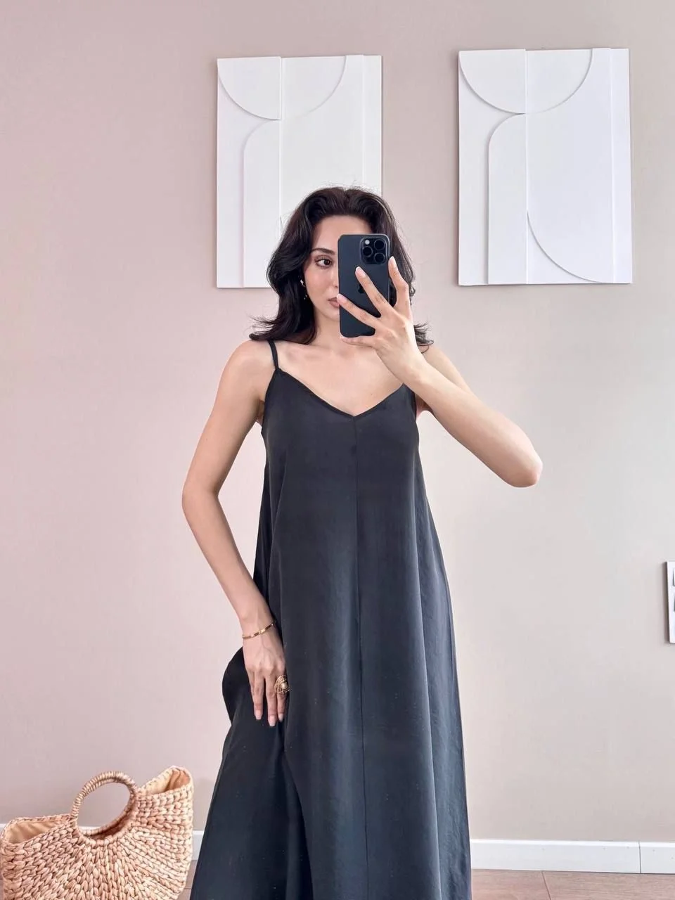 Siyah Askılı Modal Kumaş Maxi Elbise