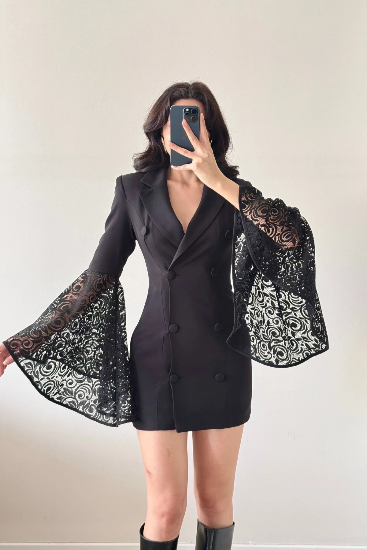Siyah Dantel Detaylı Ceket Elbise