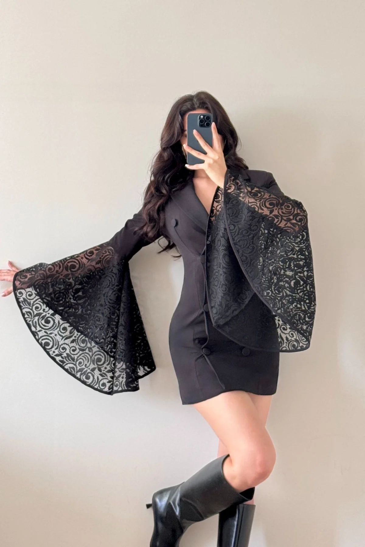 Siyah Dantel Detaylı Ceket Elbise