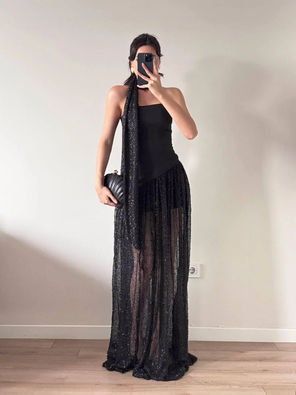 Siyah Pul Payet Şallı Maxi Yırtmaçlı Elbise