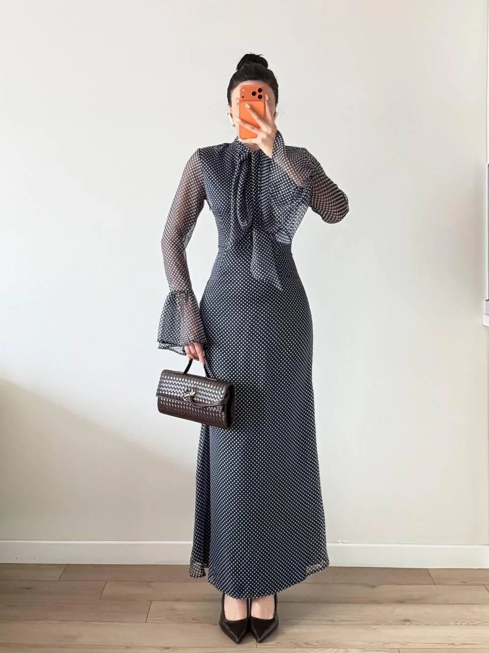 Siyah Şifon Puantiyeli Maxi Şallı Elbise