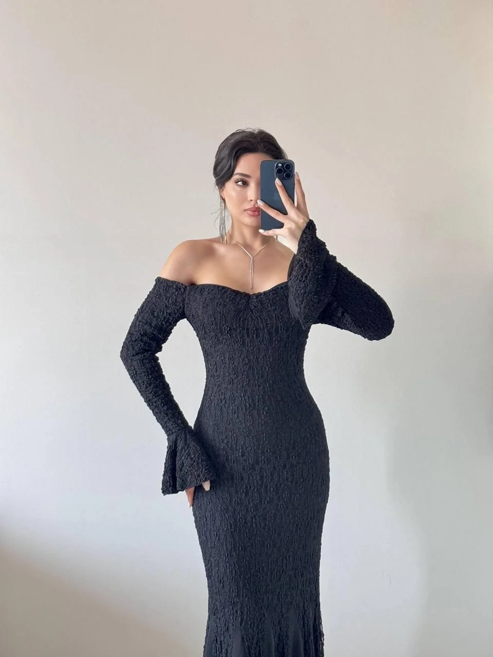 Siyah Straplez Yaka Maxi Dantelli Şifonlu Elbise