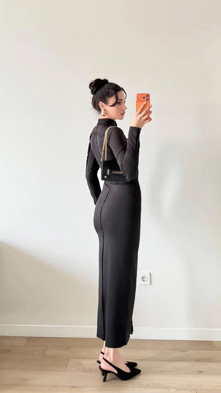 Siyah Uzun Kollu Maxi Elbise