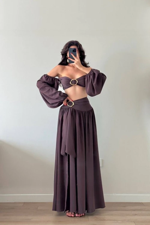 Acı Kahve Tokalı Etekli İkili Takım