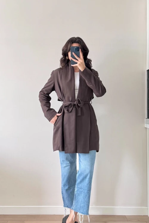 Acı Kahve Uzun Kollu Kuşaklı Trenç