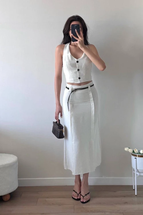 Bej Deri Bağlama Tokalı İkili Takım