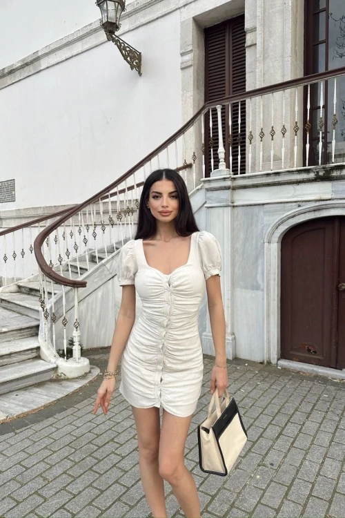 Bej Düğmeli Büzgülü Keten Mini Elbise