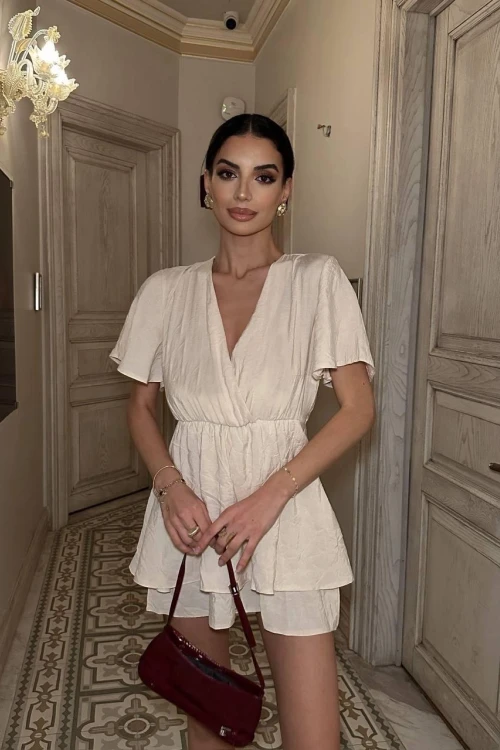 BEJ KUŞAKLI MİNİ ELBİSE