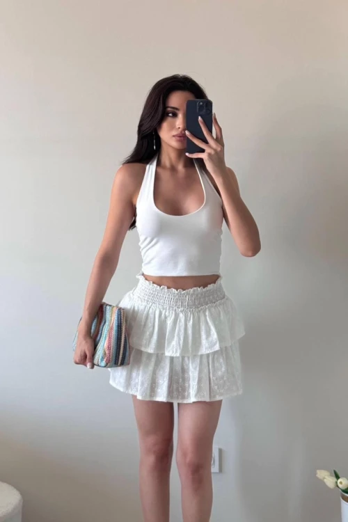 Beyaz Brodeli Beli Gipeli Şort Etek