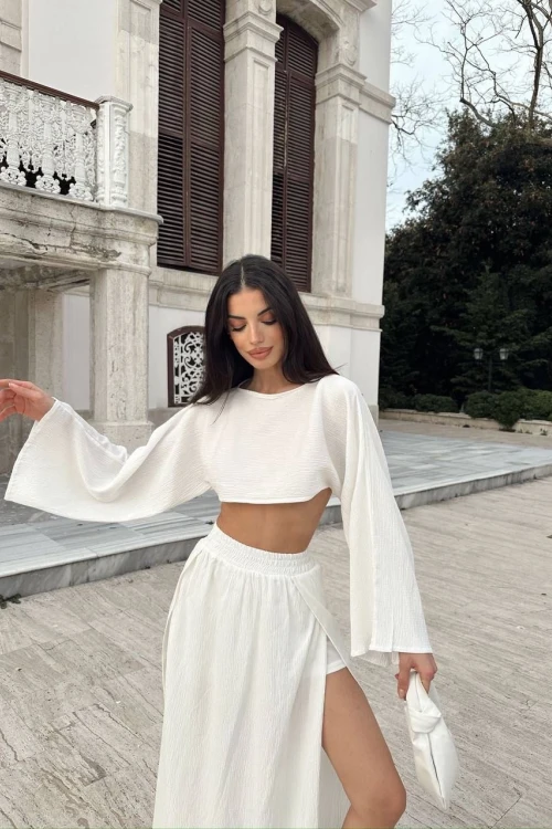 BEYAZ KETEN YIRTMAÇLI OVERSİZE TAKIM