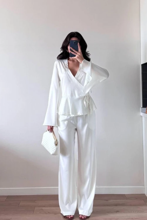 Beyaz Kruvaze Yaka Saten İkili Takım