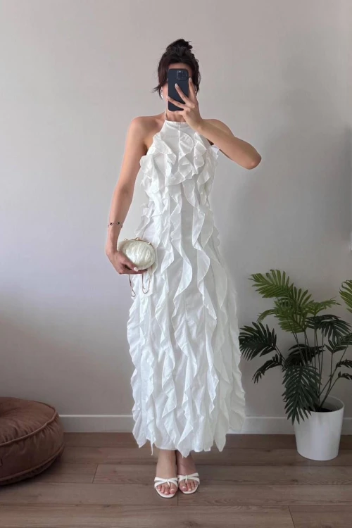 Beyaz Midi Fırfırlı Vual Elbise