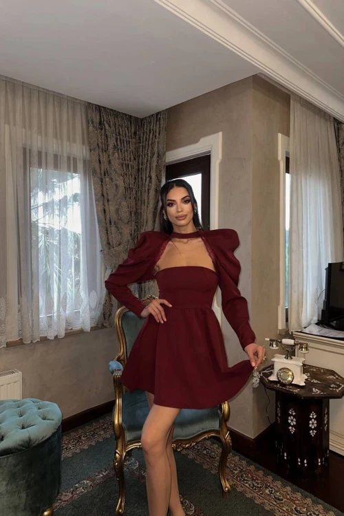 BORDO BALON KOL DANTEL DETAYLI MİNİ ELBİSE