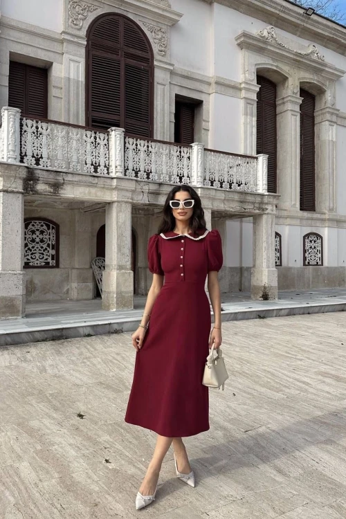 Bordo Bebe Yaka Balon Kol Kısa Kollu Midi Elbise