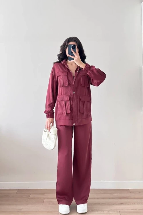 Bordo Cep Detaylı Çıtçıtlı Fermuarlı Ceket Pantolon İkili Takım
