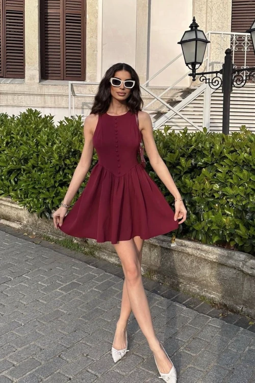 Bordo Kaplama Düğmeli Mini Elbise