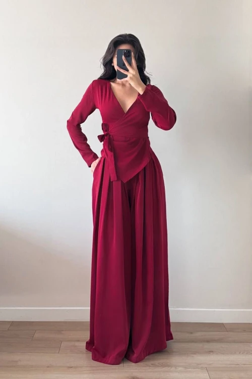 Bordo Kruvaze Yaka Alt Pileli Pantolon İkili Takım