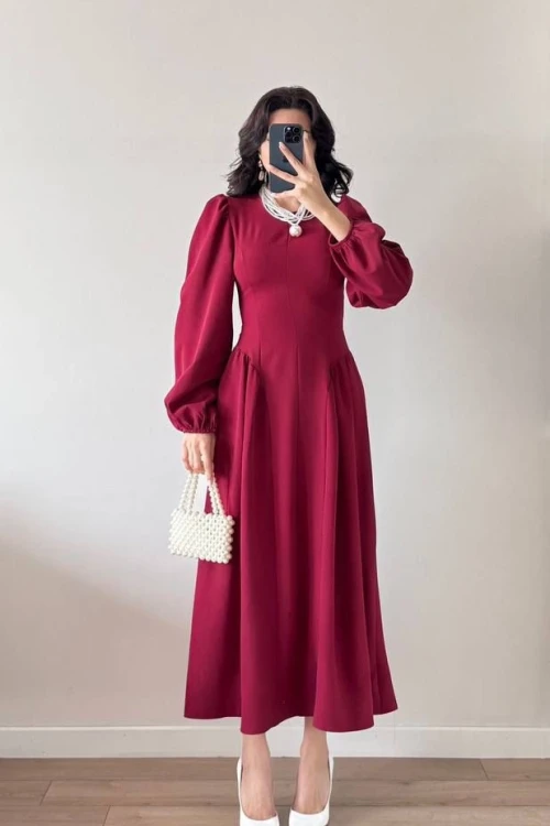 Bordo Sırt Kuşak Bağlamalı Uzun Kollu Maxi Balon Kol Elbise