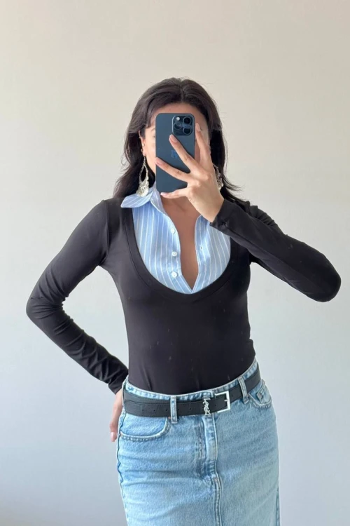 Çizgili Uzun Kollu Gömlek Detaylı Zıbın