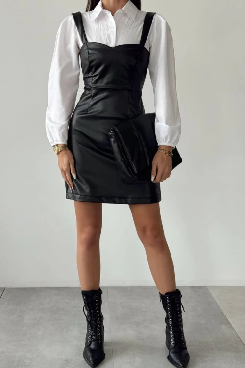 DERİ GARNİLİ GÖMLEK ELBİSE