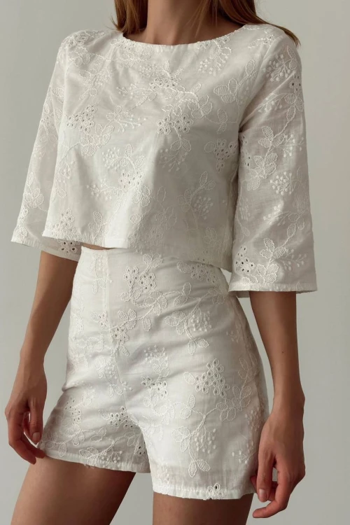 DİORE BRODELİ BEYAZ ŞORT TAKIM