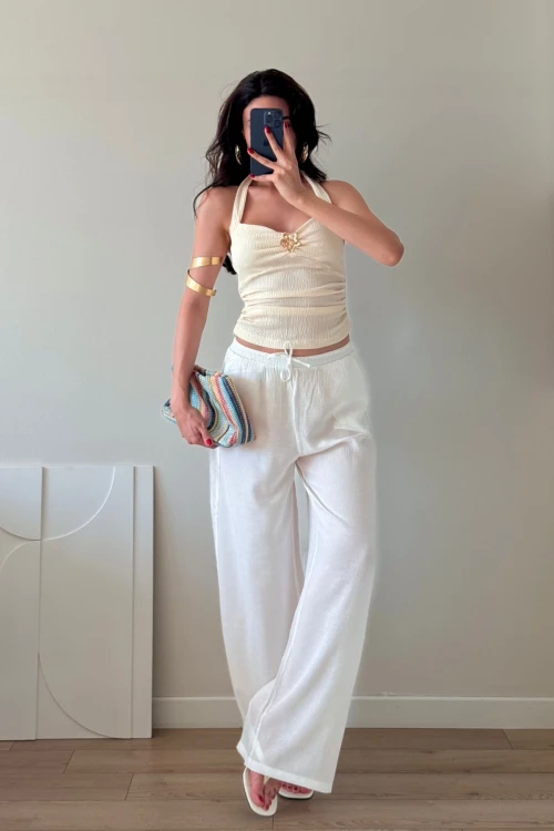 Ekru Broşlu Büzgülü Mini Büstiyer