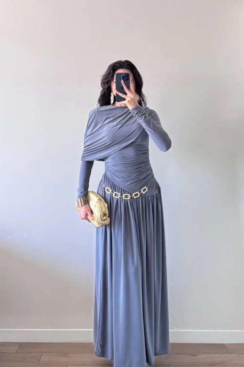 Gri Drapeli Dökümlü Maxi Elbise