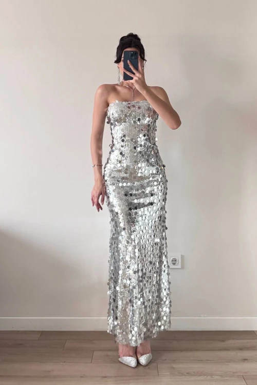 Gri Straplez Pul Payet Maxi Elbise