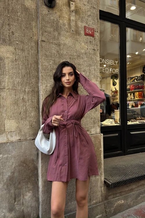 GÜL KURUSU BELDEN BAĞLAMALI GÖMLEK ELBİSE