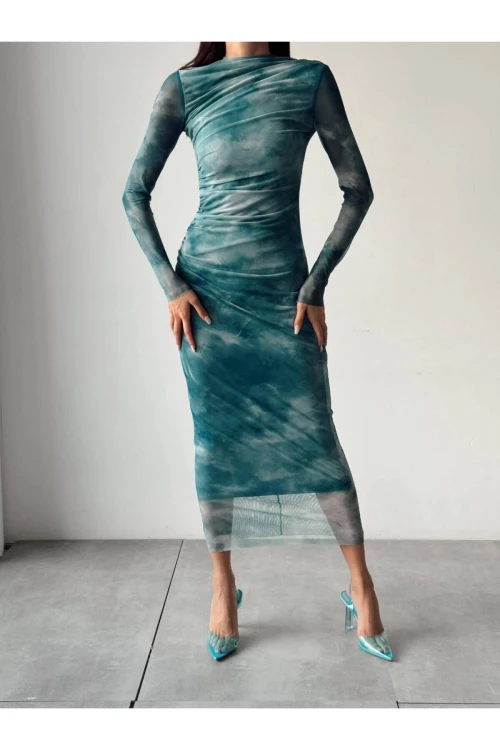 KADIN SU MAVİSİ BÜZGÜLÜ TÜL ELBİSE