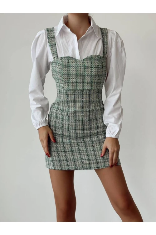 KADIN YEŞİL GARNİLİ GÖMLEK ELBİSE