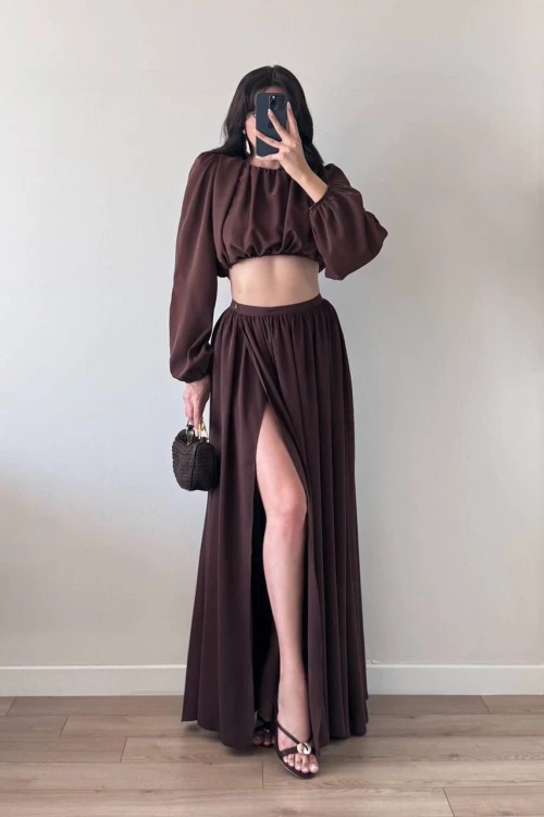 Kahve Büzgülü Omzu Vatkalı Etekli İkili Takım