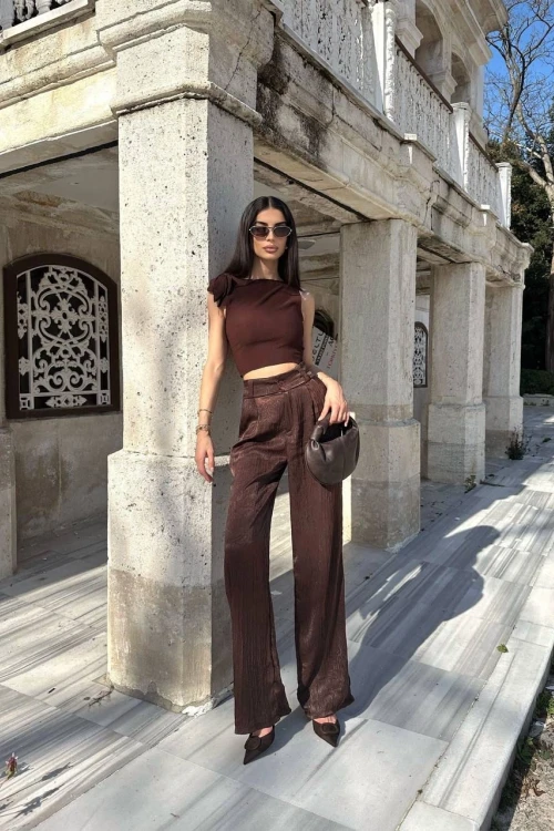 Kahve Jakarlı Saten Tasarım Pantolon