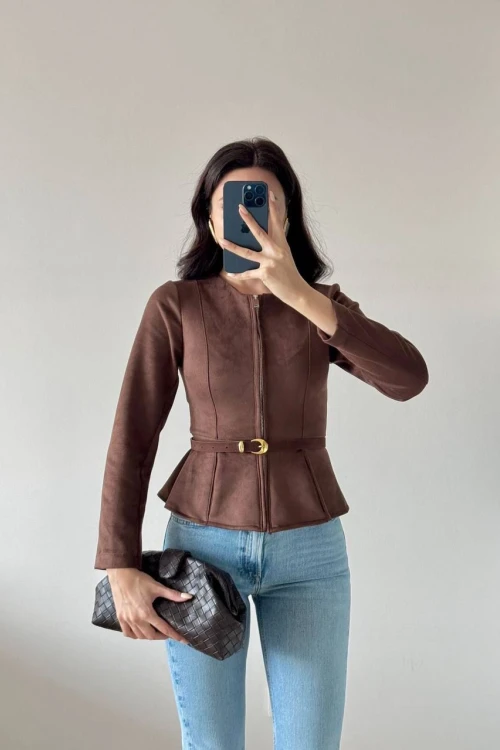 Kahverengi Kemerli Süet Ceket