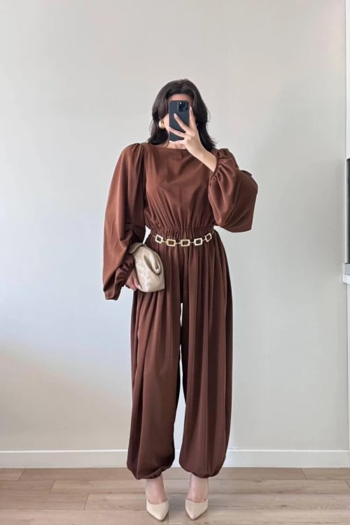 Kahverengi Kolları Pileli Beli Büzgülü Maxi Tulum