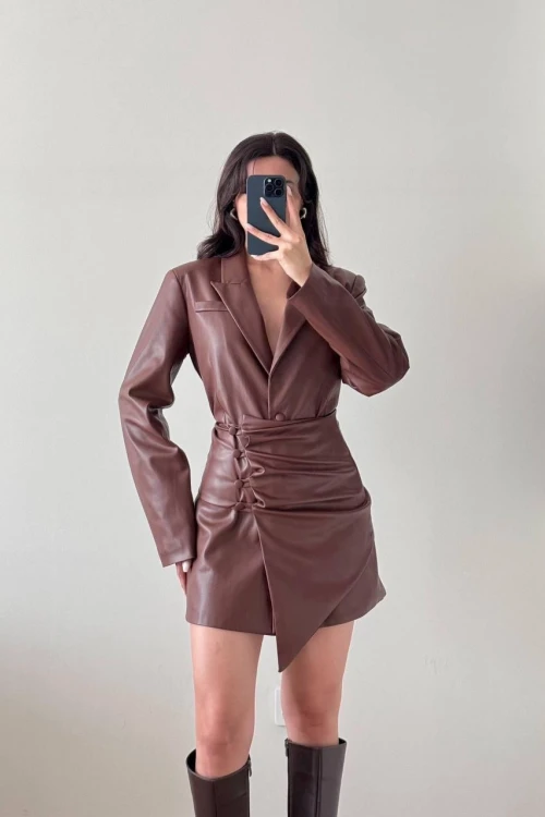 Kahverengi Seyyar Bağlamalı Düğmeli Deri Ceket