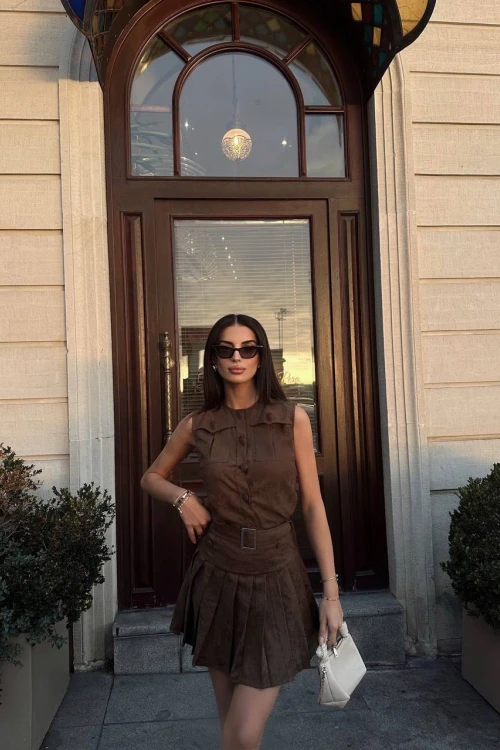 KAHVERENGİ SÜET YELEK İKİLİ TAKIM