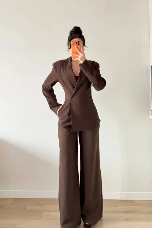 Kahverengi Takım Görünümlü Ceketli Tulum