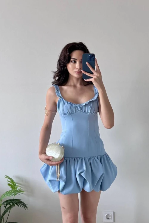 Mavi Eteği Balon Askıları Fırfırlı Mini Elbise