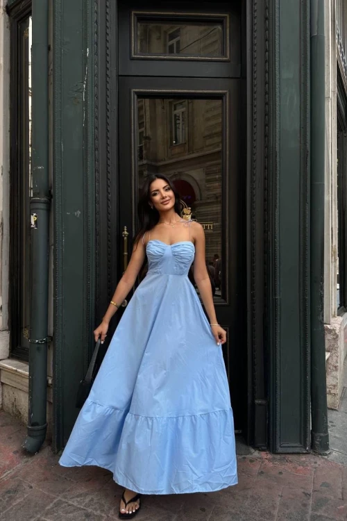 MAVİ FIRFIR DETAYLI ASKILI MAXİ ELBİSE