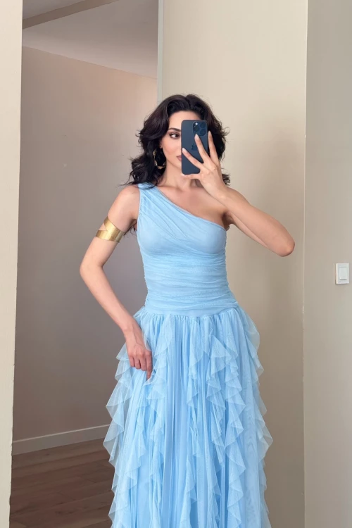 Mavi Fırfırlı Maxi Tül Elbise